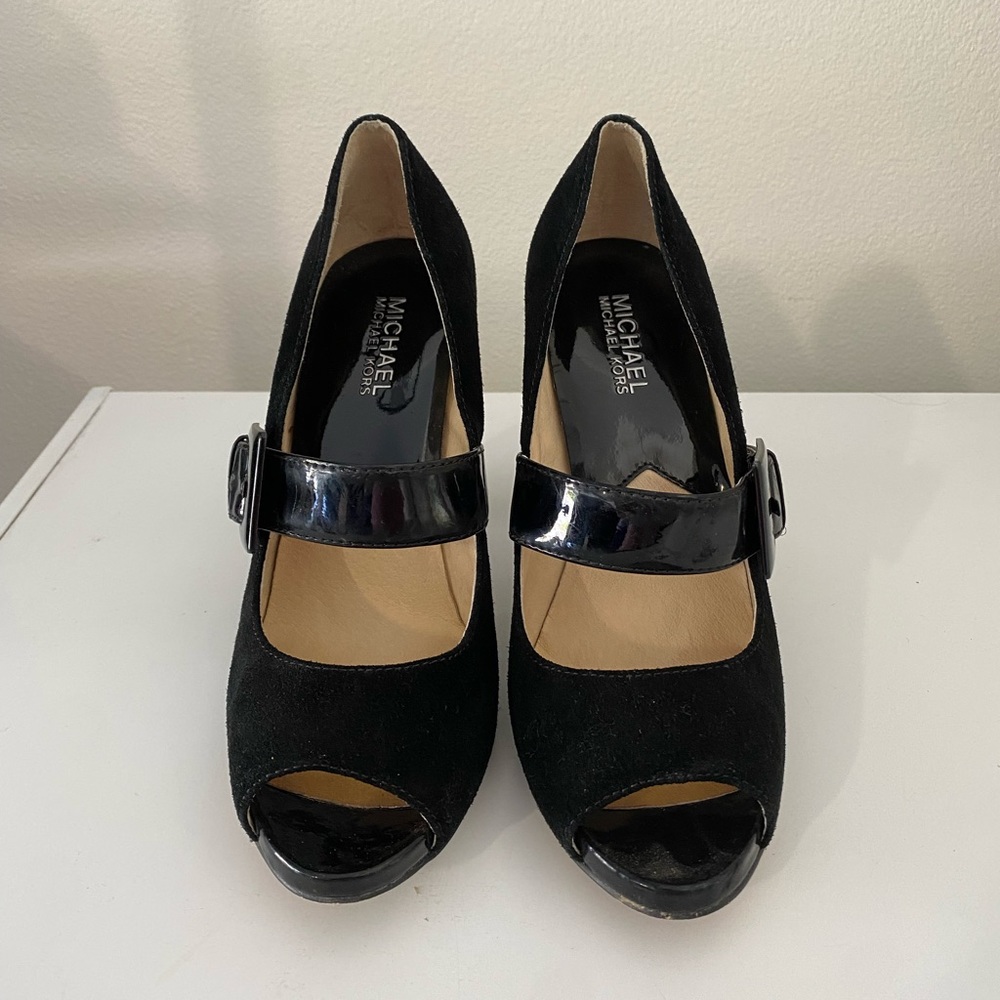Michael Kors “Hanna Open Toe” heels, Black suede, size 7.5, Like New condition